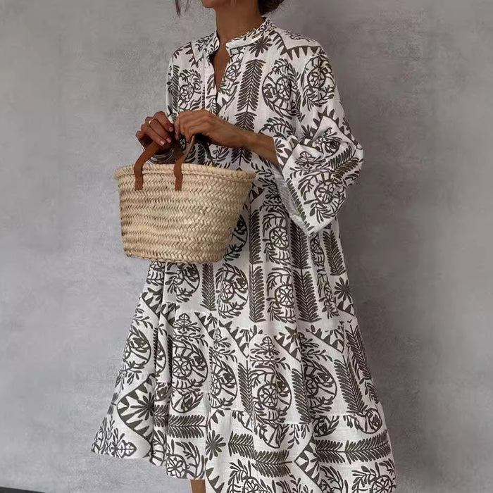 Printed 3/4 Sleeve Casual Shirt Dress