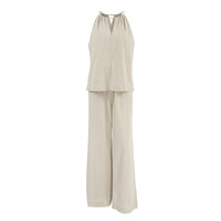 Khaki Cotton Linen Hollow Out Cutout Tied Sleeveless Halter Vest Wide Leg Pants Set