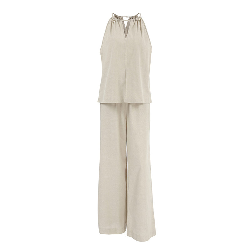 Khaki Cotton Linen Hollow Out Cutout Tied Sleeveless Halter Vest Wide Leg Pants Set