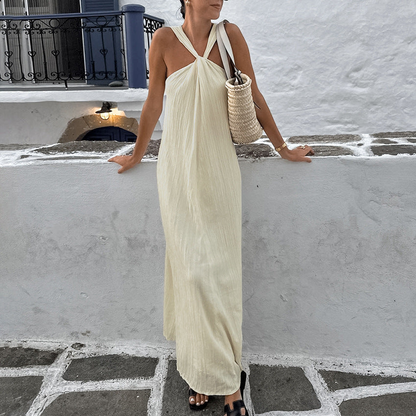 Beige Sleeveless Halter Beach Casual Dress