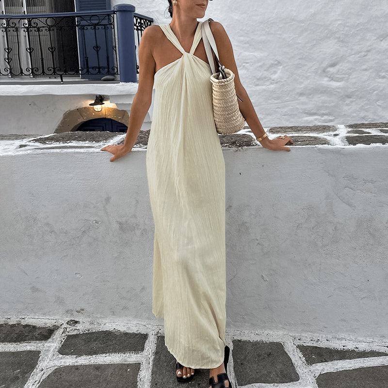 Beige Sleeveless Halter Beach Casual Dress