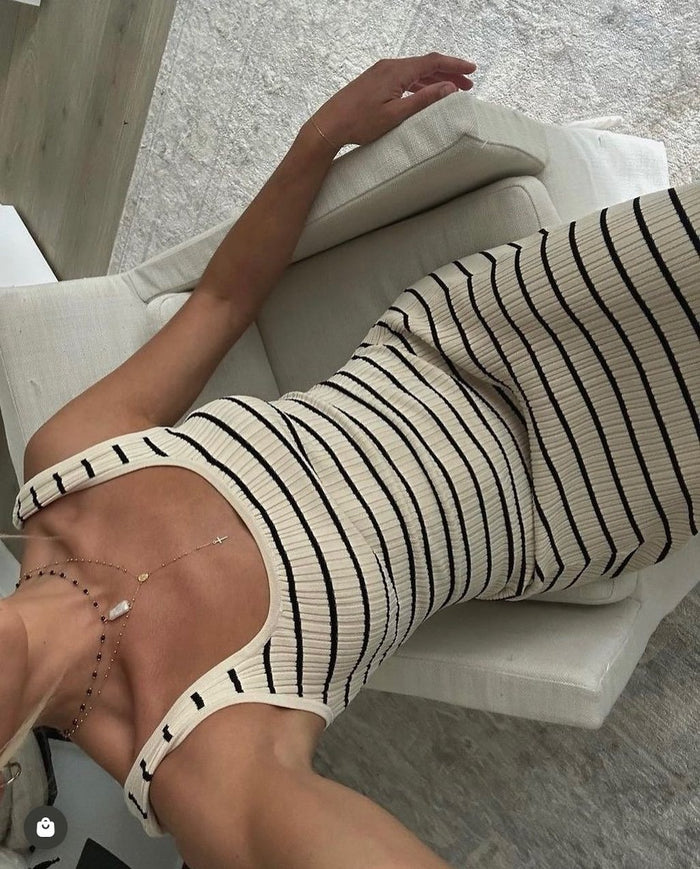 Striped Contrast Color Beach Vacation Dress
