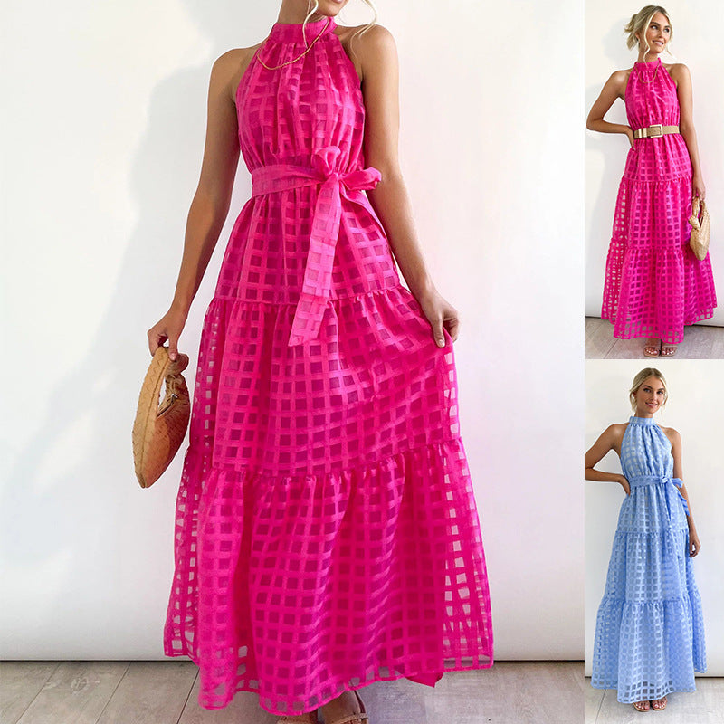 Plaid Retro Maxi Dress with Stand Collar for Women