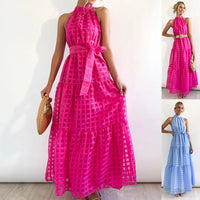 Plaid Retro Maxi Dress with Stand Collar for Women