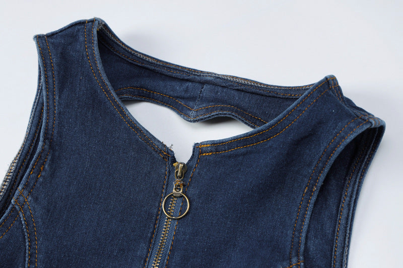 Women Clothing Summer Slim Fit Slimming Fashionable Backless Retro High Waist Denim Jumpsuit