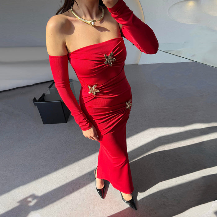 Pleated Long Sleeve Slim Fit Dress