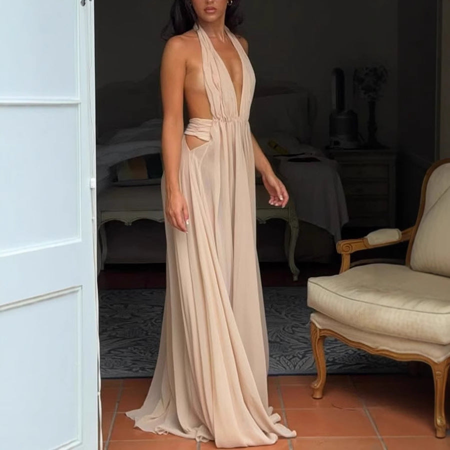 Summer Deep V Plunge neck Long Evening Dress Pleated Halter Backless Dress Women