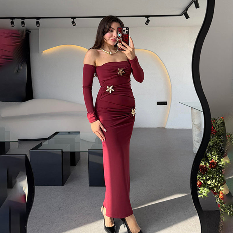 Pleated Long Sleeve Slim Fit Dress