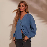 Casual Loose V-Neck Washed Denim Long-Sleeved Top