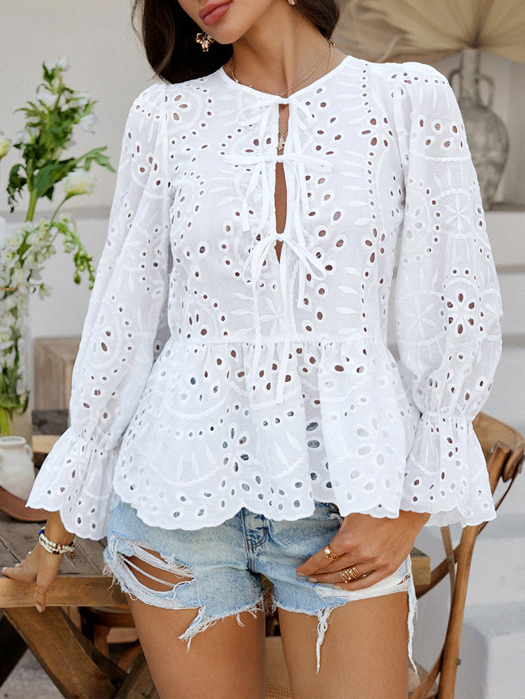 Casual Holiday Loose Lace-Up Blouse