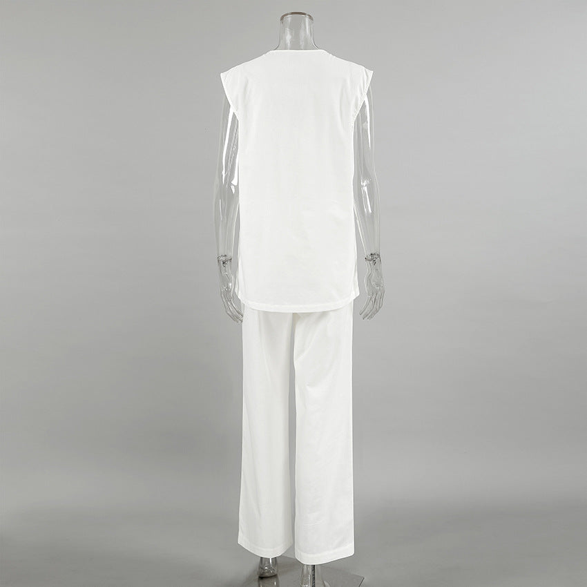 White V neck Cotton Linen Sleeveless Waistcoat Vest Trousers Spring Summer Two Piece Sets for Women