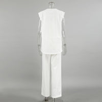 White V neck Cotton Linen Sleeveless Waistcoat Vest Trousers Spring Summer Two Piece Sets for Women