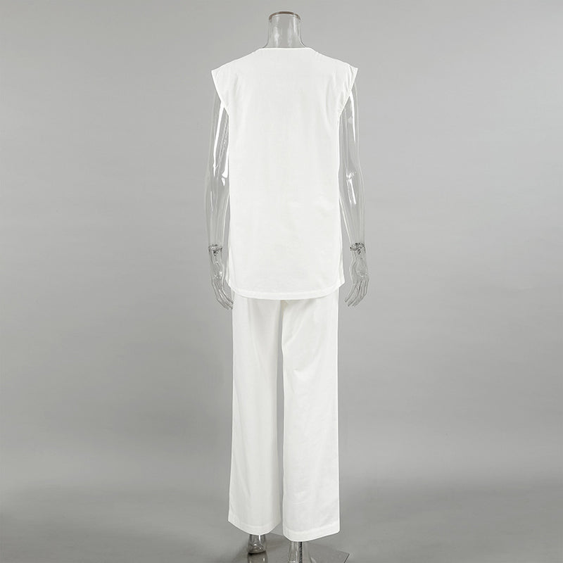 White V neck Cotton Linen Sleeveless Waistcoat Vest Trousers Spring Summer Two Piece Sets for Women