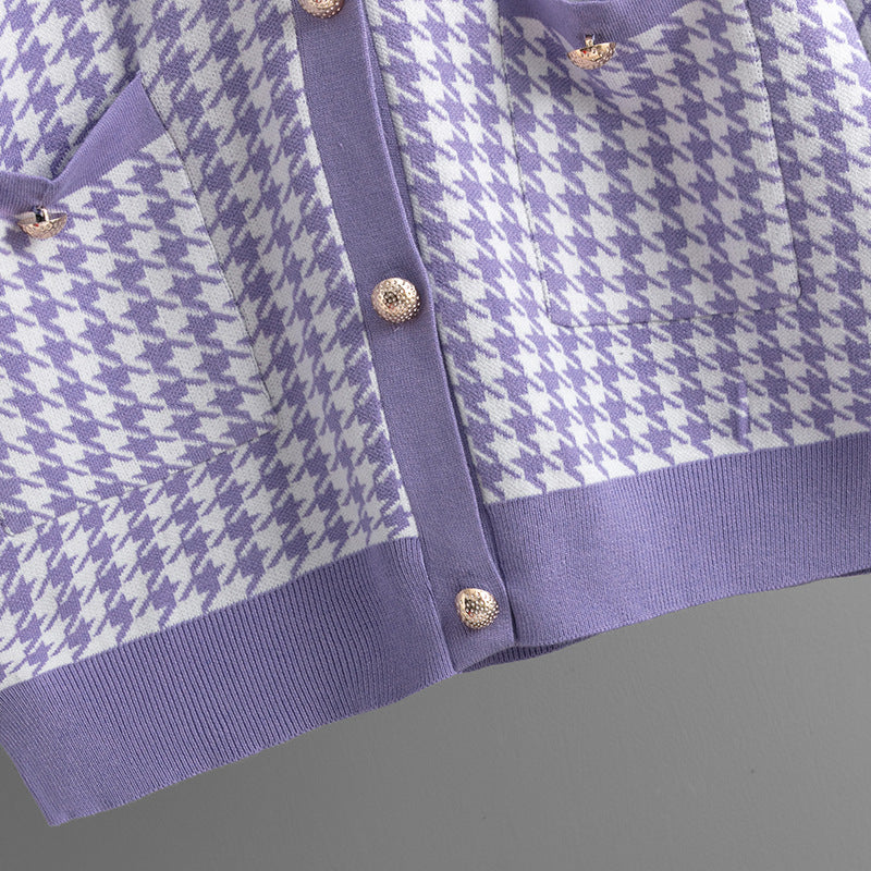 Houndstooth V-Neck Knitted Cardigan