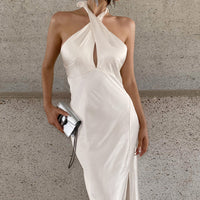 White Fishtail High-Waist Backless Halter Dress