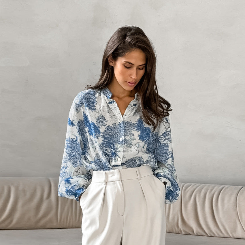 Autumn Stand Collar Long Sleeve Loose Shirt