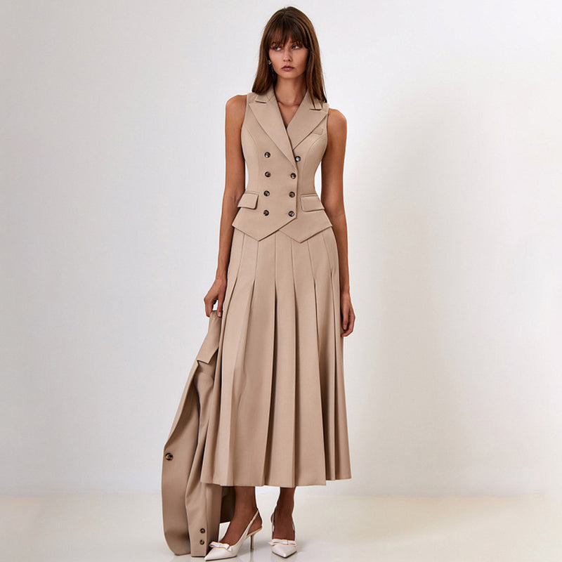 Maxi Skirt Sleeveless Vest Pleated Dress Two Piece Sets