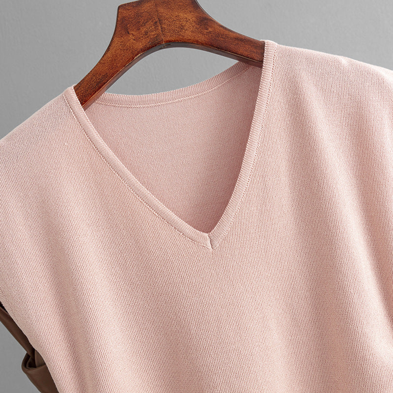 Ice Silk Knitted Sleeveless V-neck T shirt Women Summer Chic Drawstring Short Slim Top