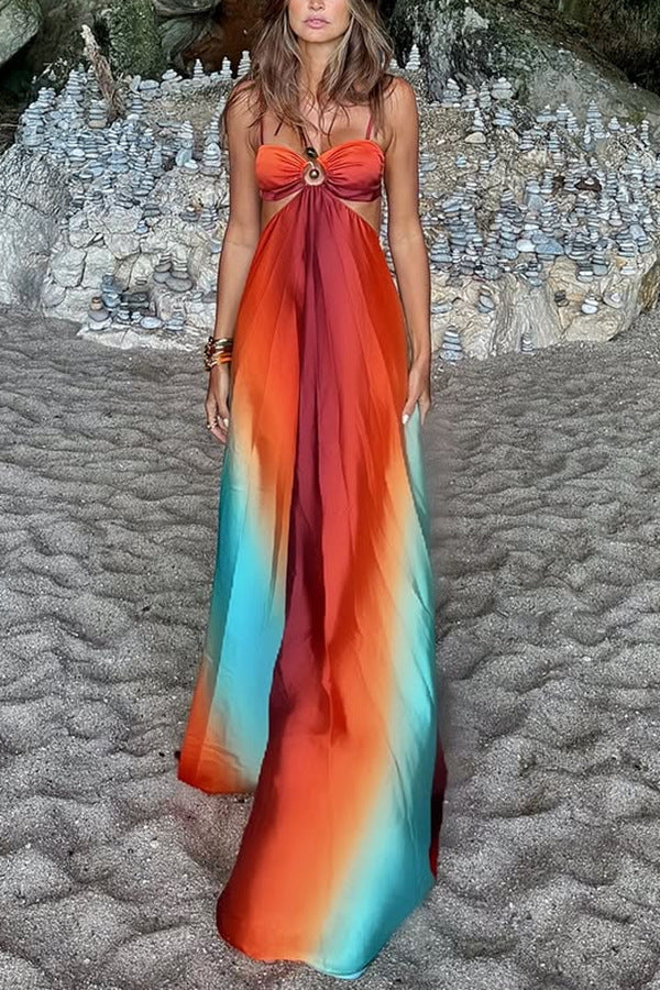 blue and orange ombre dress Blue And Orange Ombre Dress Long Dress With Sunrise Print In Blue/Orange For Women Roberto