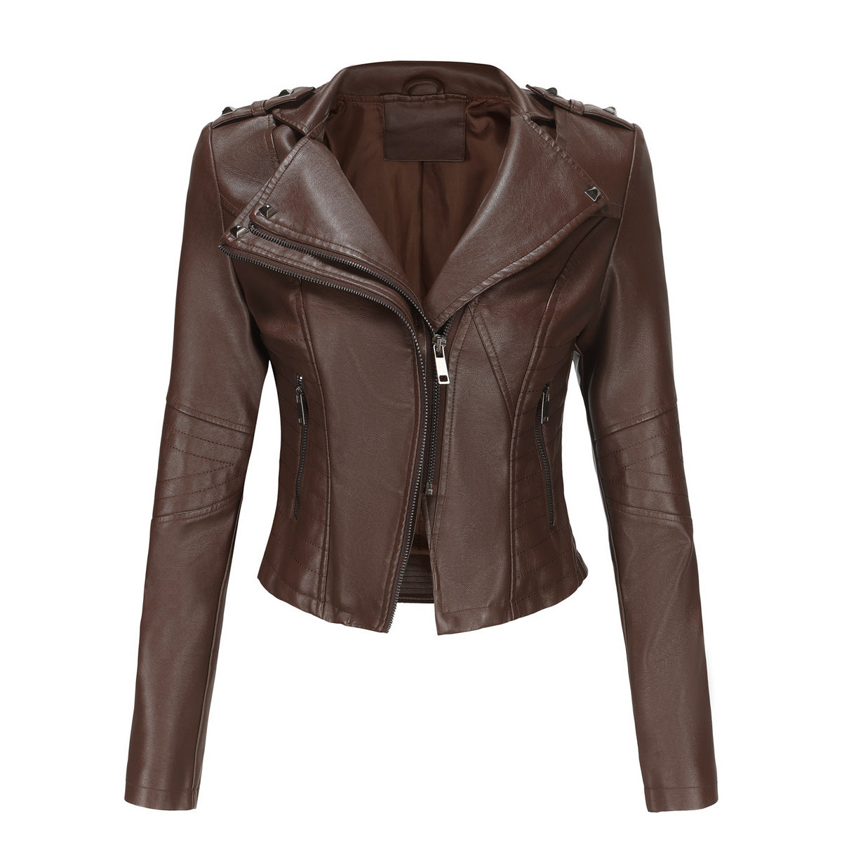 Slim Fit Long SleevSlim Fit Long-Sleeved Faux Leather Jacketed Spring Autumn Leather Jacket Women Rivet Popular Short Jacket Zipper Leather Jacket