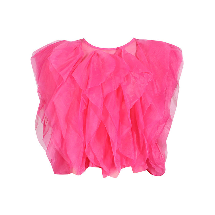 Ruffled Mesh Stitching Sleeveles Top