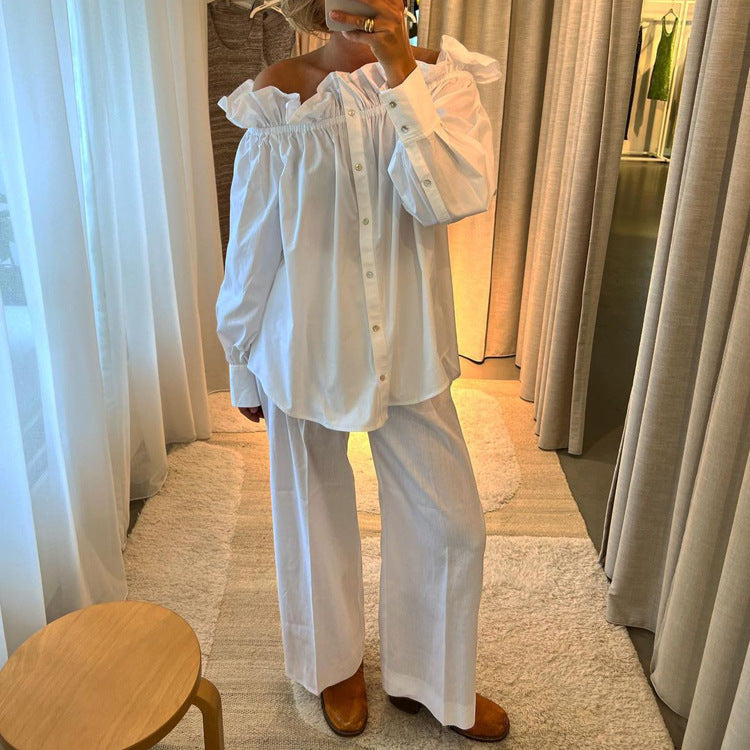 Ruffled Off-Shoulder Cardigan Two-Piece pajamas Set