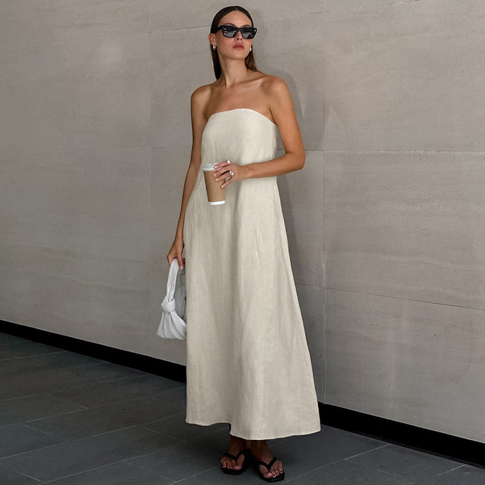 French Khaki Cotton Linen Tube Top Maxi Dress