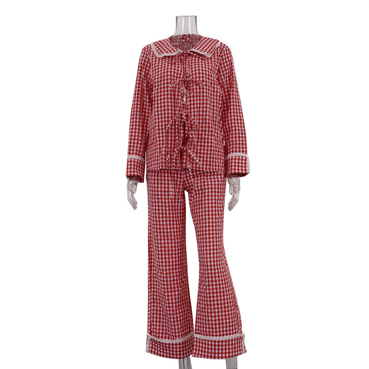 Plaid Lace-Up Top & Wide-Leg Pants Pajamas Set
