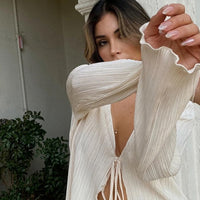 Lace-up Flared Sleeve Pleated Shirt