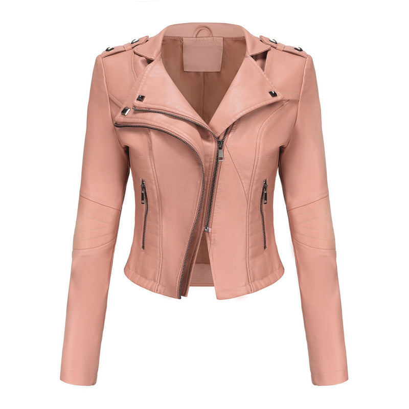 Slim Fit Long SleevSlim Fit Long-Sleeved Faux Leather Jacketed Spring Autumn Leather Jacket Women Rivet Popular Short Jacket Zipper Leather Jacket
