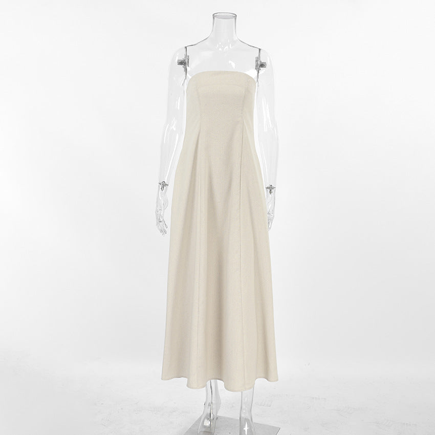 French Khaki Cotton Linen Tube Top Maxi Dress