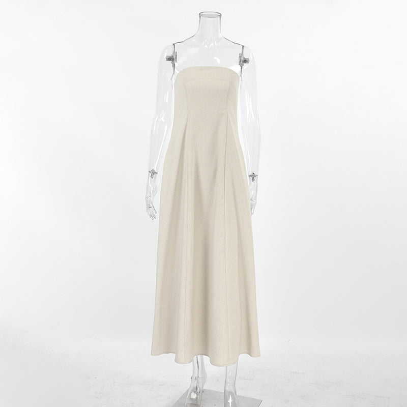 French Khaki Cotton Linen Tube Top Maxi Dress