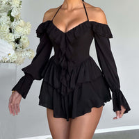 Backless Ruffled Halter Long Sleeve Romper