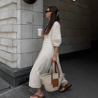French Beige Cotton Linen Puff Sleeve Dress