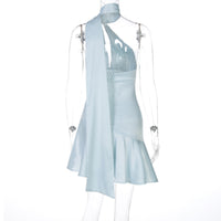 Women Clothing Spring Summer Chest Hollow Out Cutout Sexy Bare Back Halter Ribbon Satin Dress