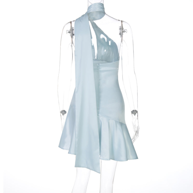 Women Clothing Spring Summer Chest Hollow Out Cutout Sexy Bare Back Halter Ribbon Satin Dress
