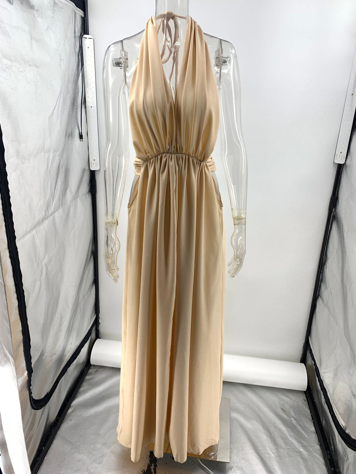 Summer Deep V Plunge neck Long Evening Dress Pleated Halter Backless Dress Women