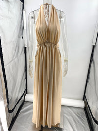 Summer Deep V Plunge neck Long Evening Dress Pleated Halter Backless Dress Women