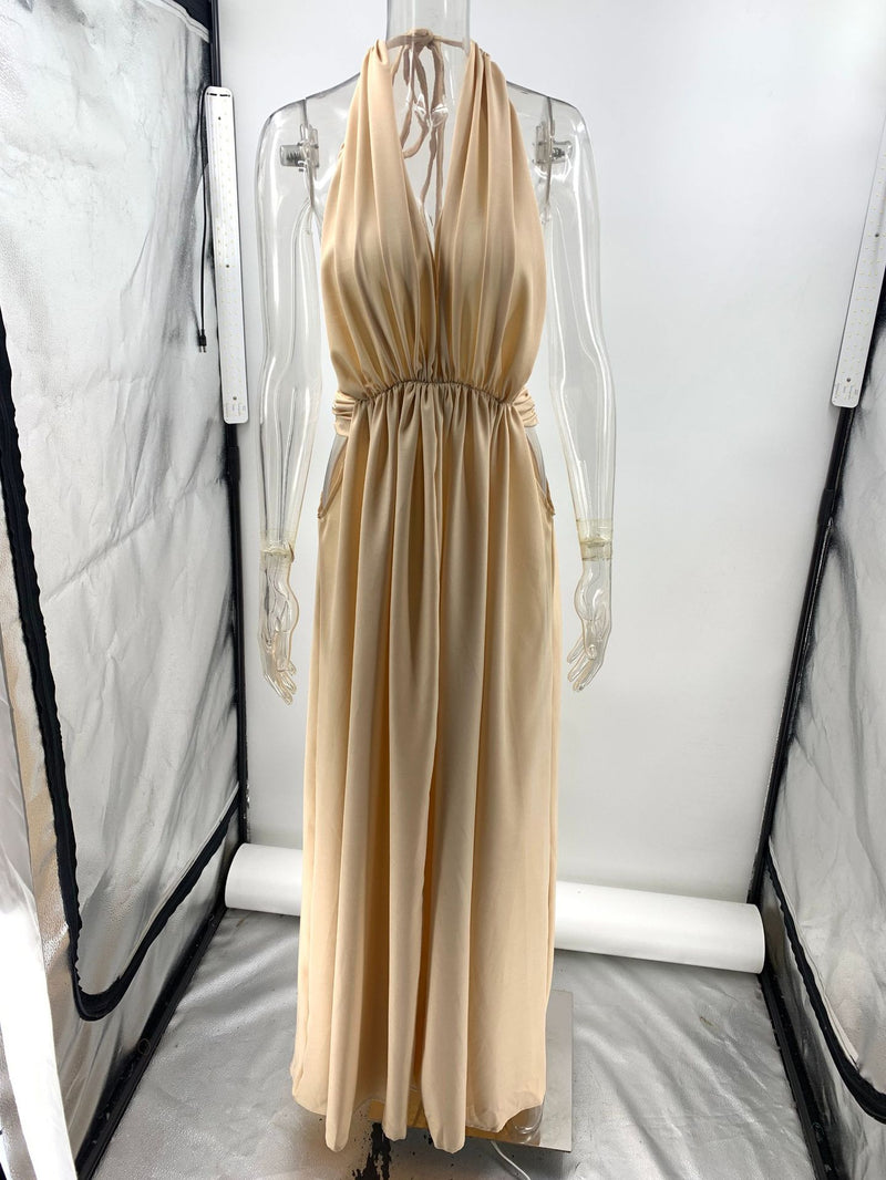 Summer Deep V Plunge neck Long Evening Dress Pleated Halter Backless Dress Women