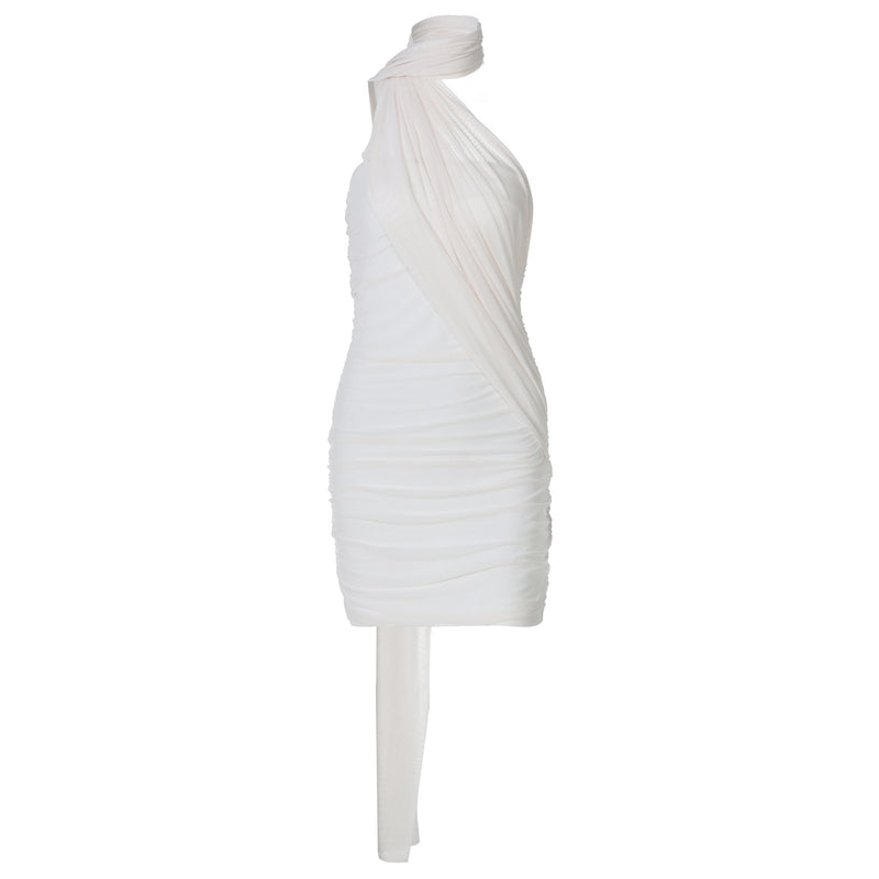 Mesh Stitching Ribbon Halter Hip Dress