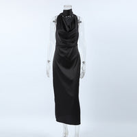 Black Matte Satin Off-Shoulder Midi Dress