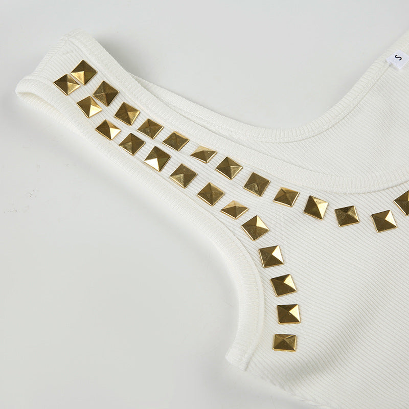 Personality Street Metal Square Rhinestone I Shaped Vest Square Collar Sexy Casual Top Summer