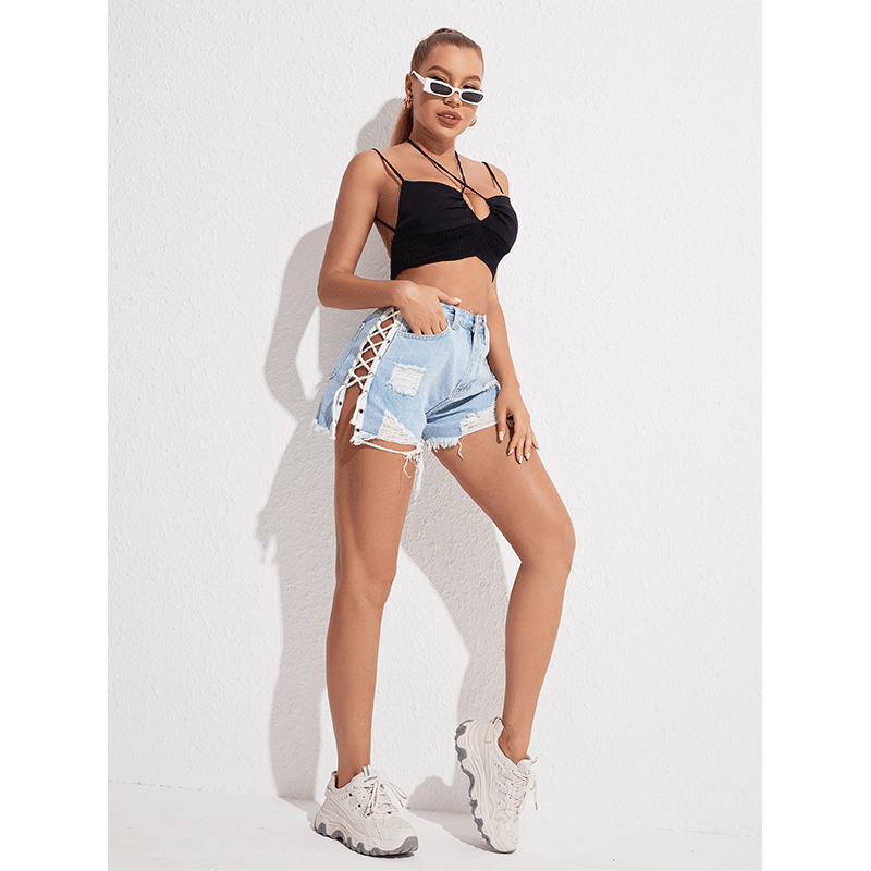 High-Waist Slimming Lace-Up Denim Shorts