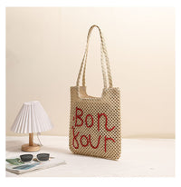 Letter Graphic Embroidered One-Shoulder Straw Bag