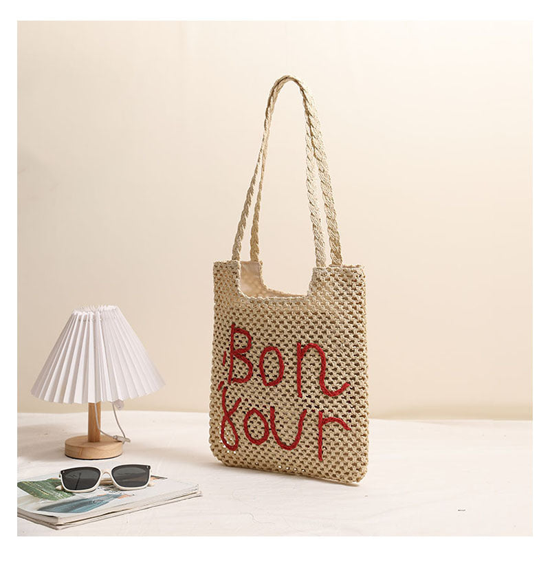 Letter Graphic Embroidered One-Shoulder Straw Bag