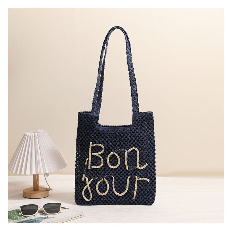 Letter Graphic Embroidered One-Shoulder Straw Bag
