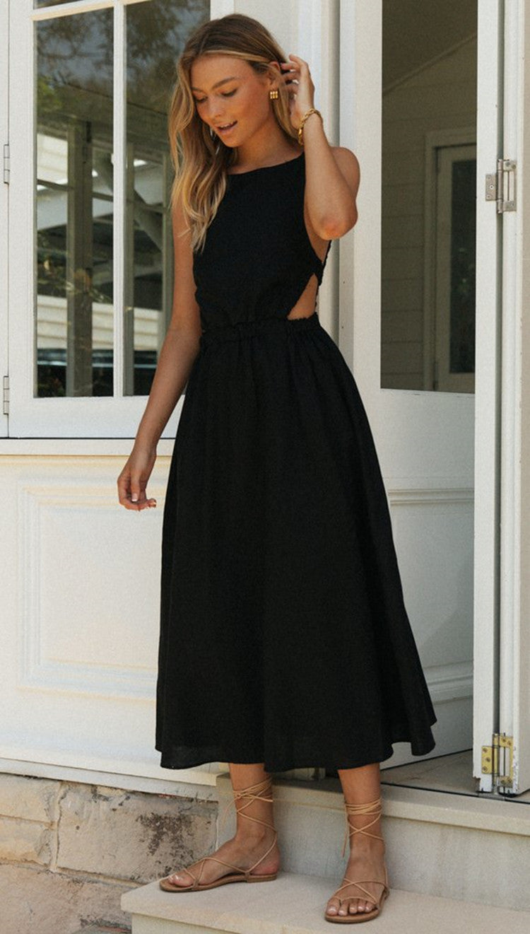 Women Solid Color Sleeveless Round Neck Backless Maxi Dress