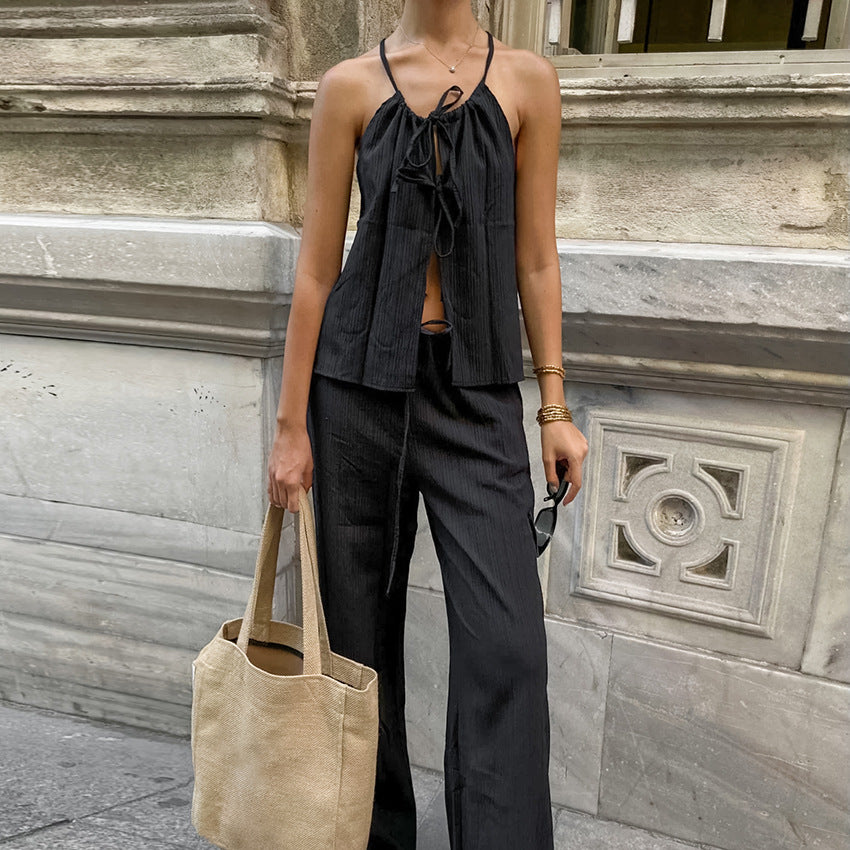 Spring Summer Casual Lace-Up V-Neck Outfit Set