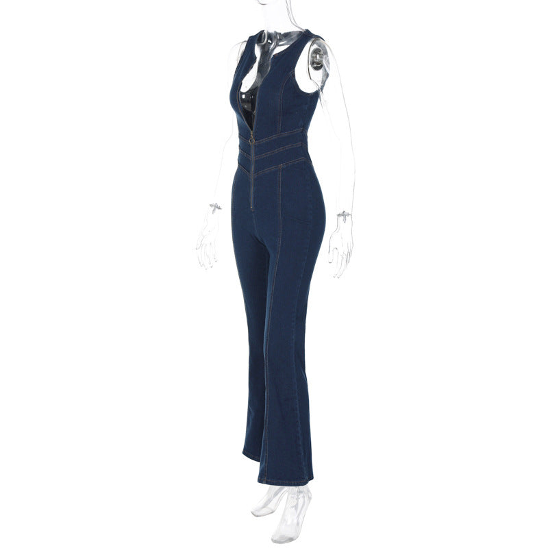Women Clothing Summer Slim Fit Slimming Fashionable Backless Retro High Waist Denim Jumpsuit