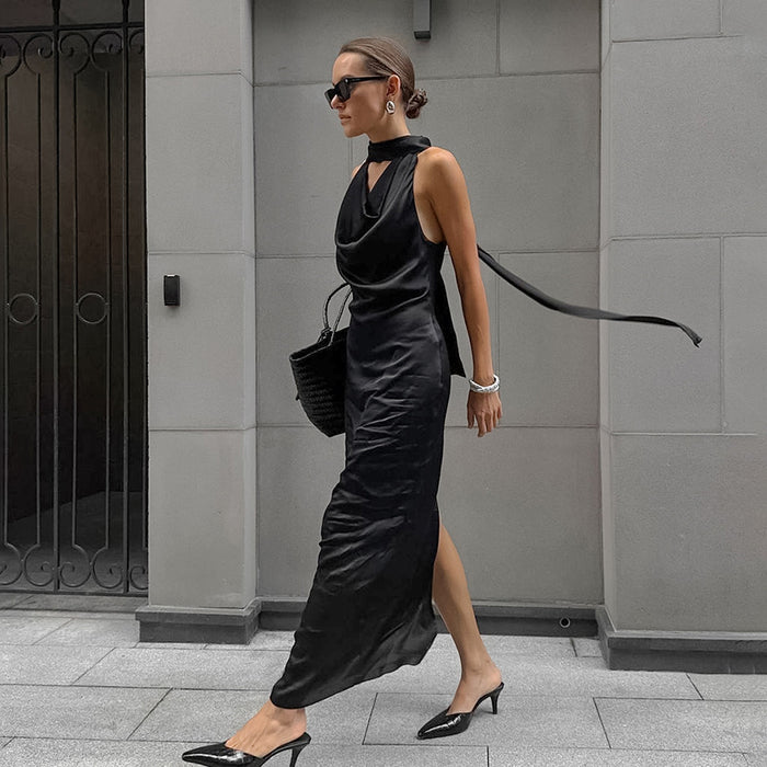 Black Matte Satin Off-Shoulder Midi Dress